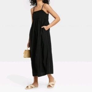 NWT Black Smocked Midi Slip Dress XS Spaghetti Strap -  A New Day